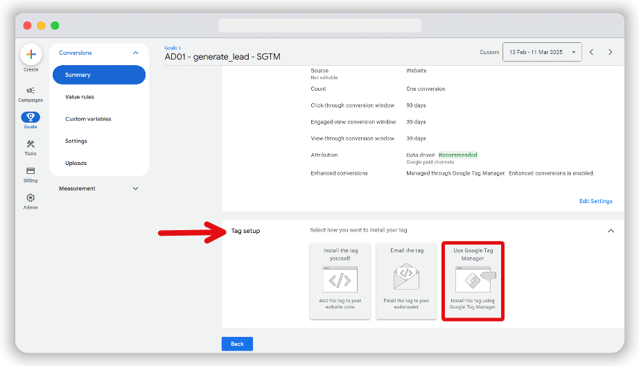 Using google tag manger to set up conversion action
