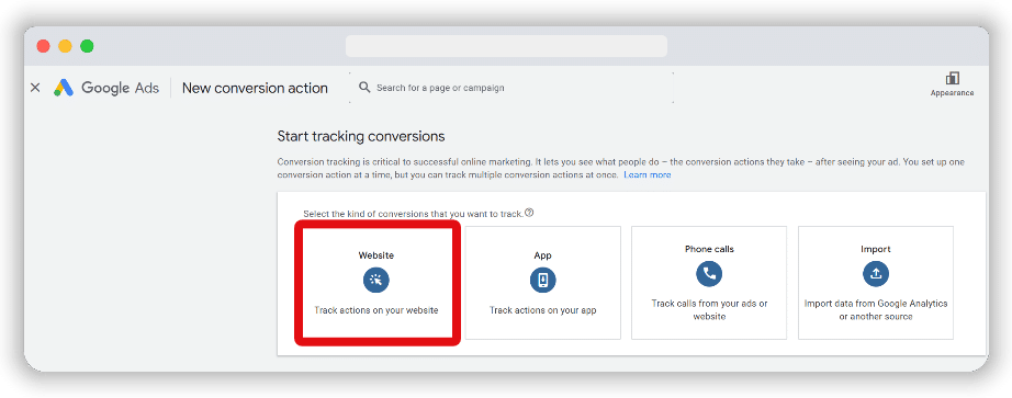 Website conversion action type is highlighted