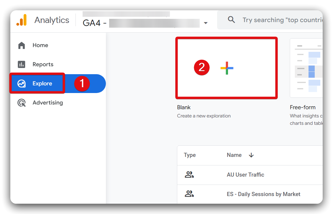 'Blank' exploration report plus button highlighted in the explore section of a GA4 account