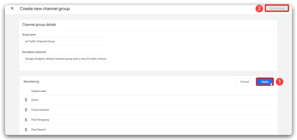 Buttons to reorder and save the new channel group in ga4 highlighted