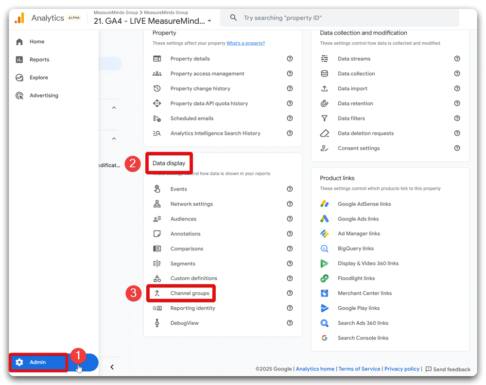 Channel group section hightlighted from a GA4 account's admin area