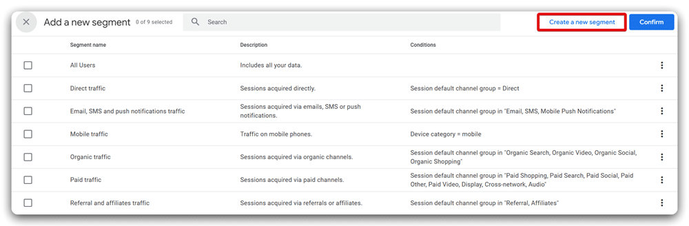 Create a new segment button hightlighted