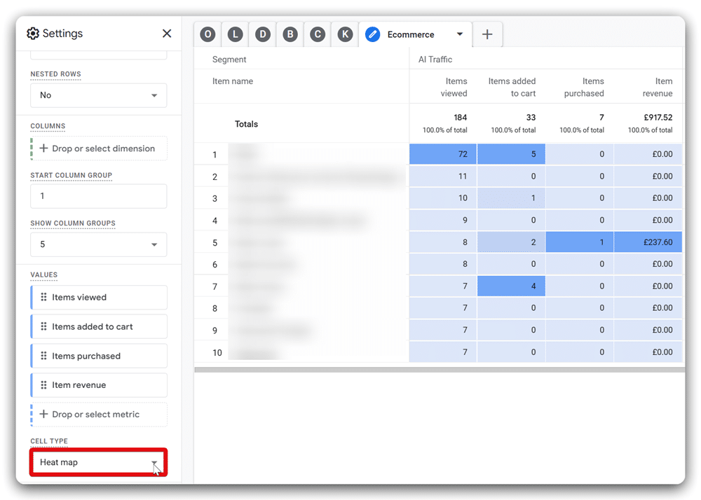 Ecommerce report in GA4 exploration