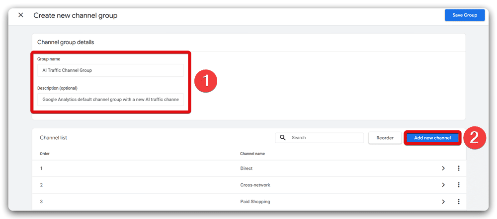 GA4 channel group name, description & add new channel button highlighted