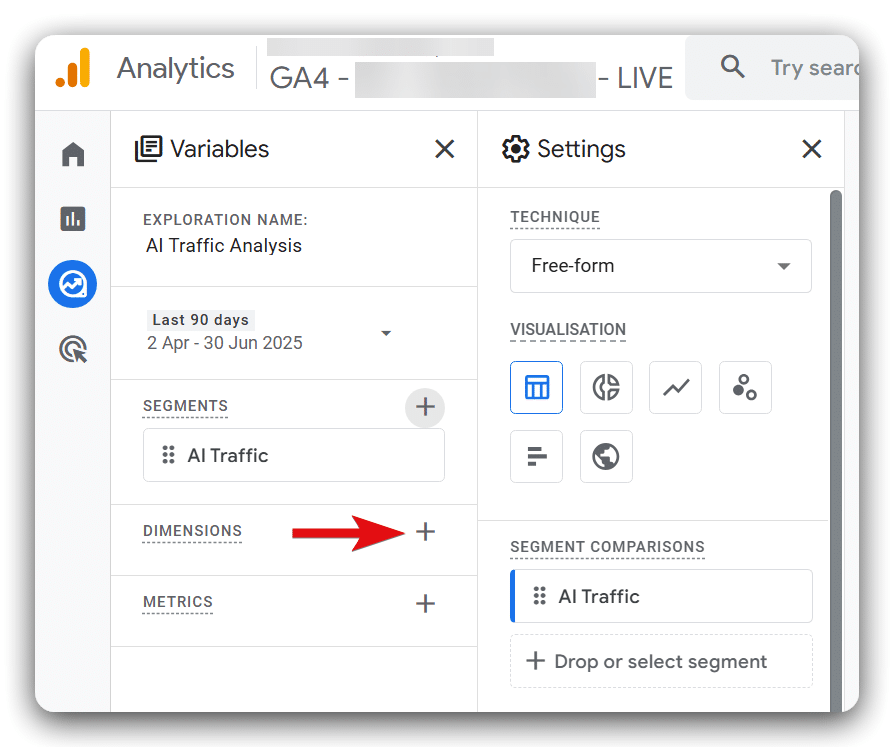 Plus button to select dimensions in exploration report
