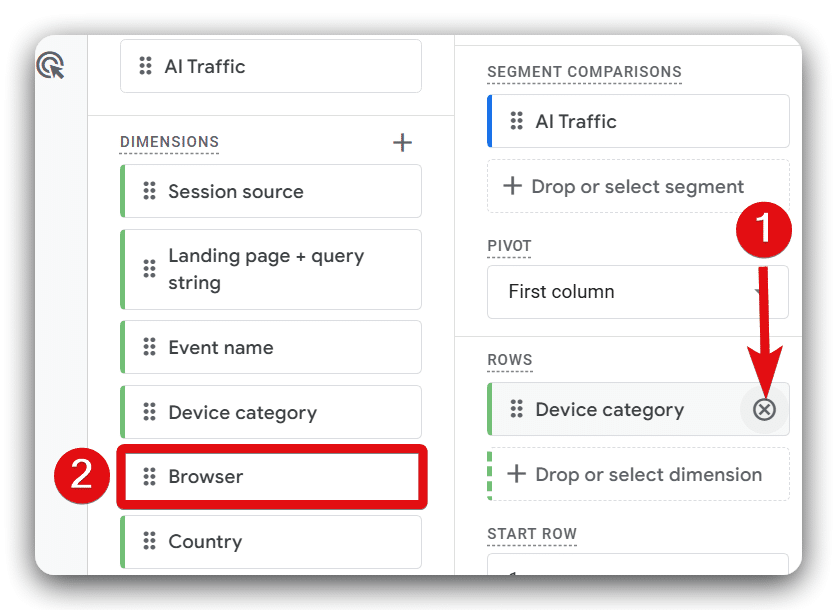 Removing device category dimension to add browsers dimension