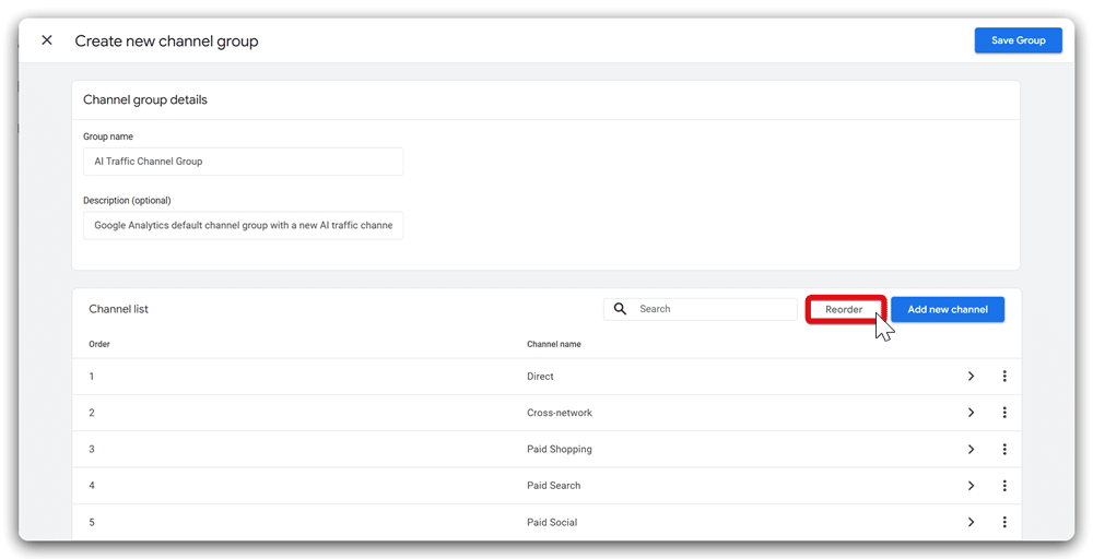 Reorder button highlighted from the GA4 channel grouping