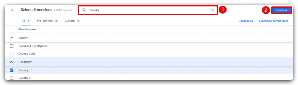 Search bar and confirm button highlighted in the select dimensions window