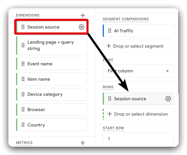 Selecting a dimension to add as the row in ga4 exploration