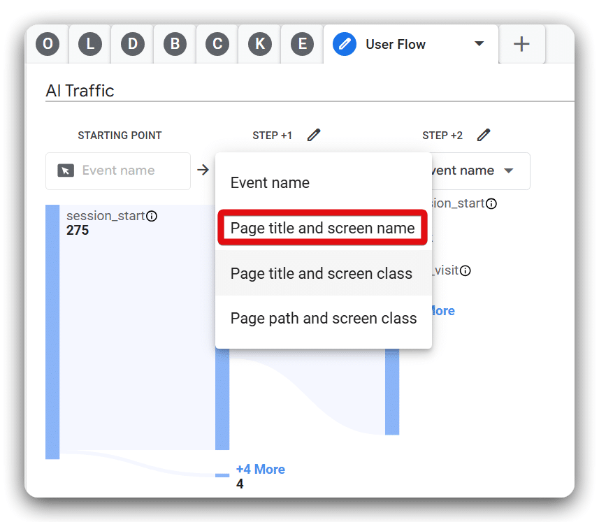 Selecting page title and screen name as the first step in funnel exploration