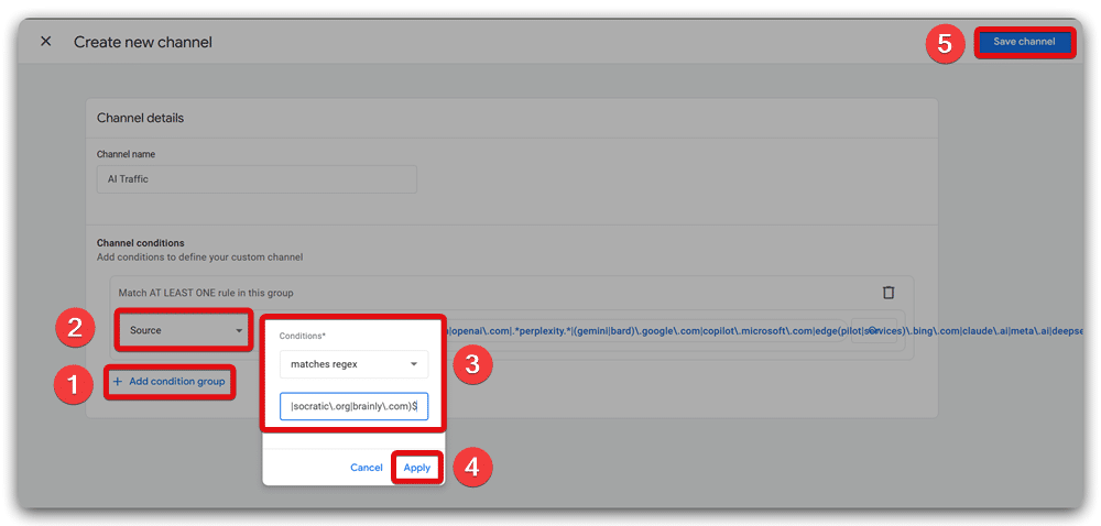 Using regex match to create a new channel for GA4 channel group