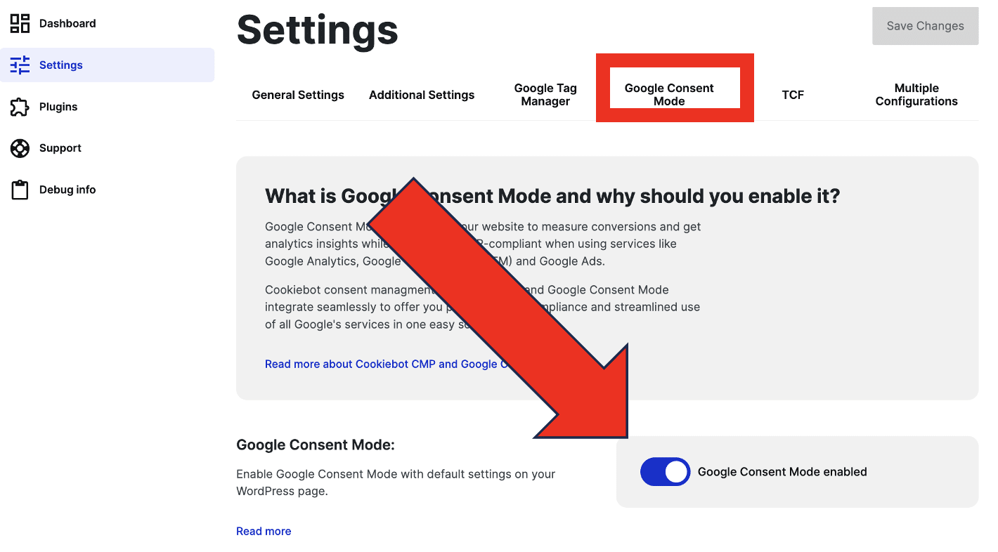 Google consent mode toggle button highlighted