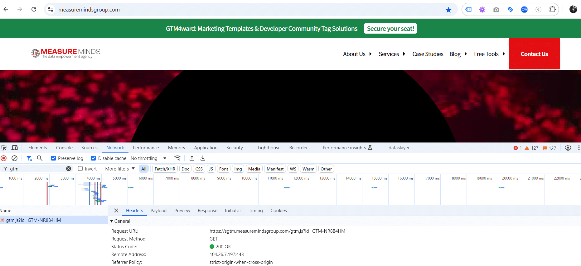 Using network tab of chrome developer tools to get the GTM id of a website