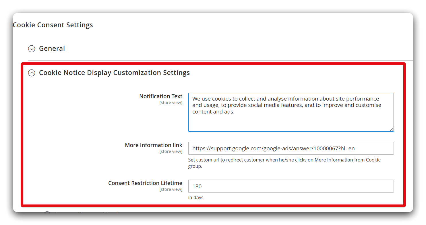 Cookie notice display customisation settings