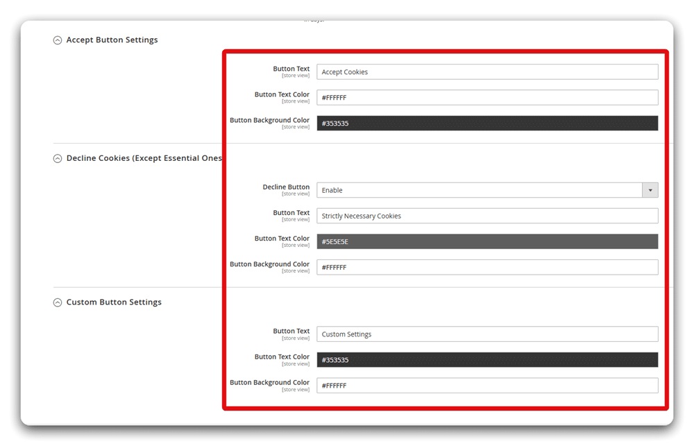 Customization of the buttons of cookie banner