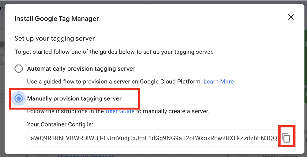 Manually provision tagging server option highlighted 