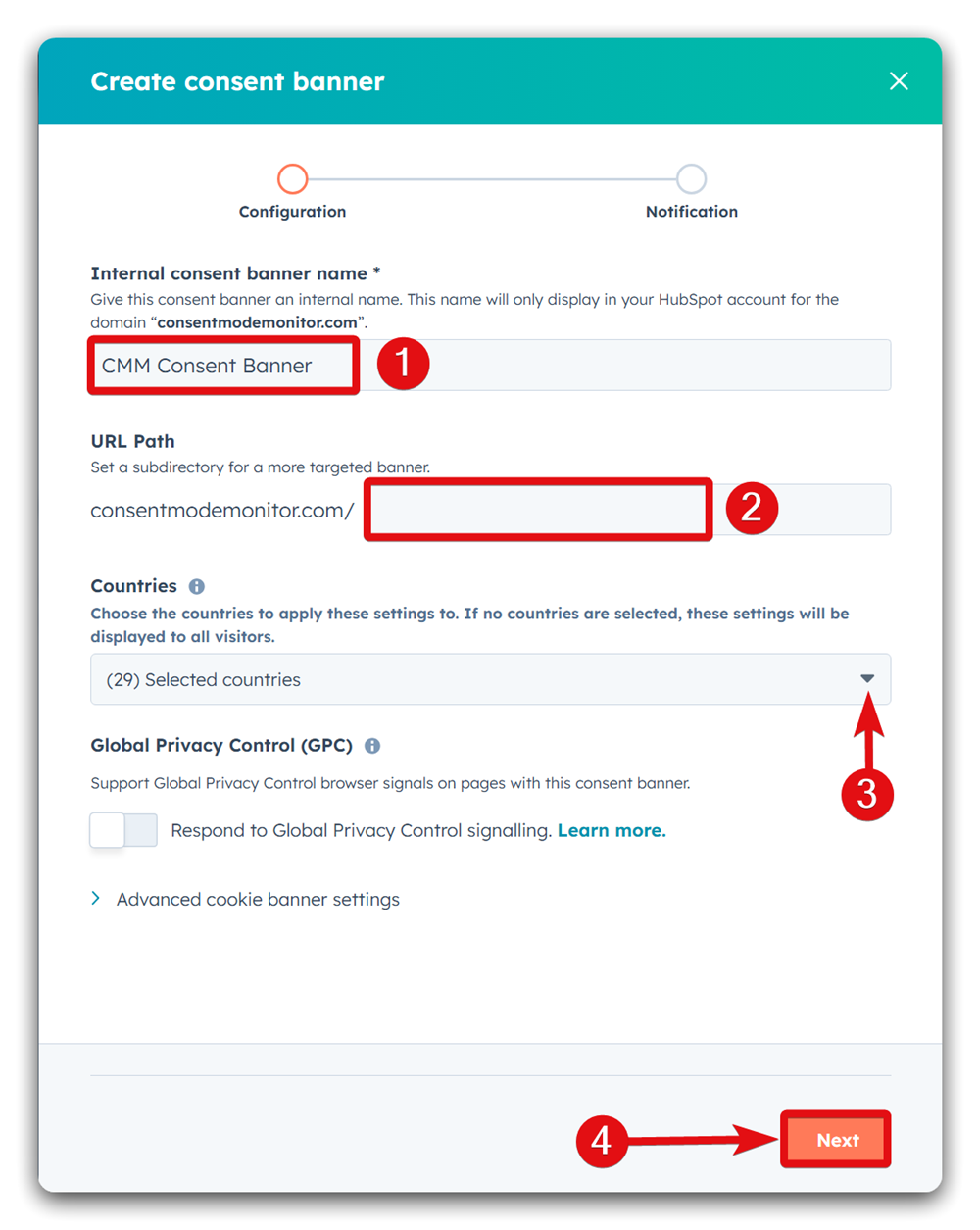 Configuring a consent banner using hubspot