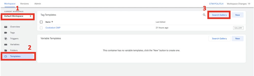 Search gallery button is highlighted from the templates section
