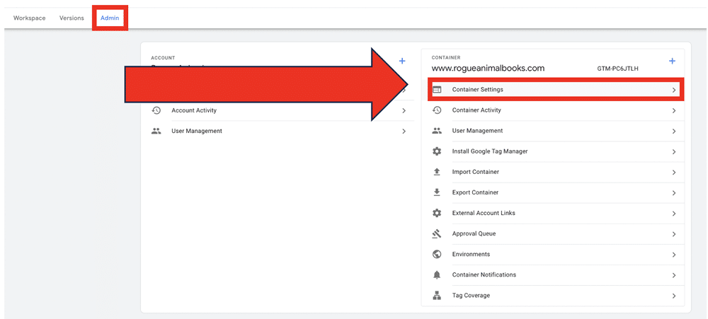 Container settings option highlighted from Google Tag Manager account
