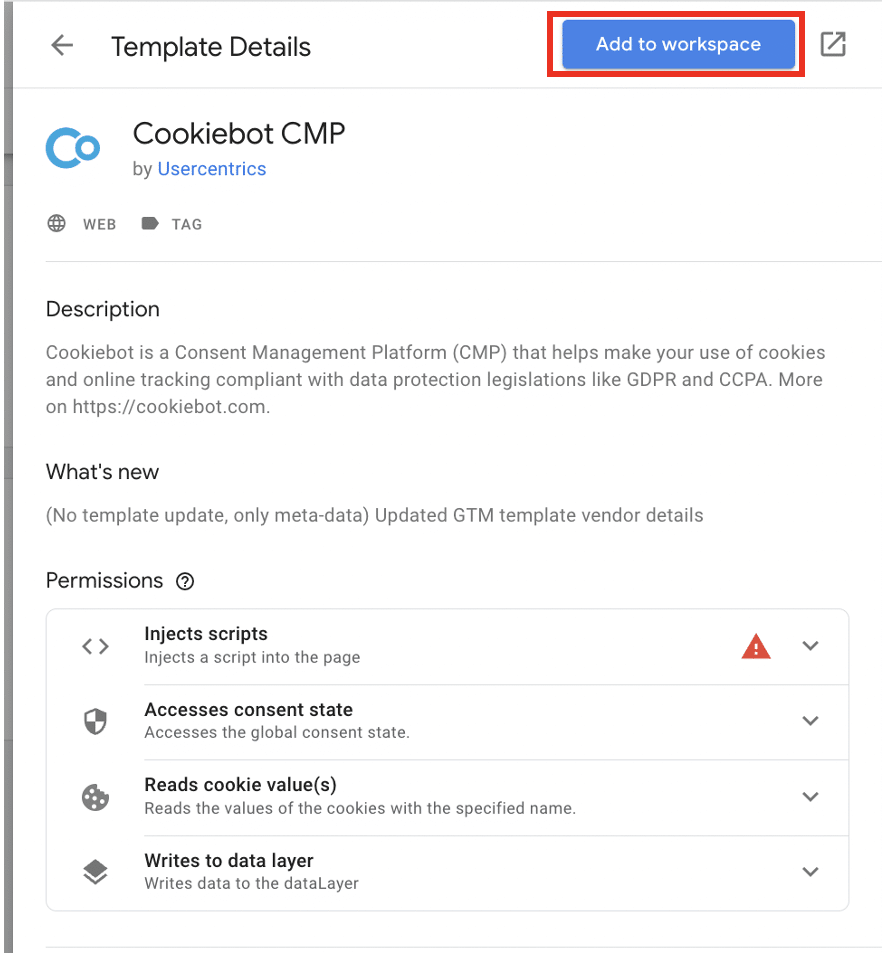 Cookiebot CMP template details