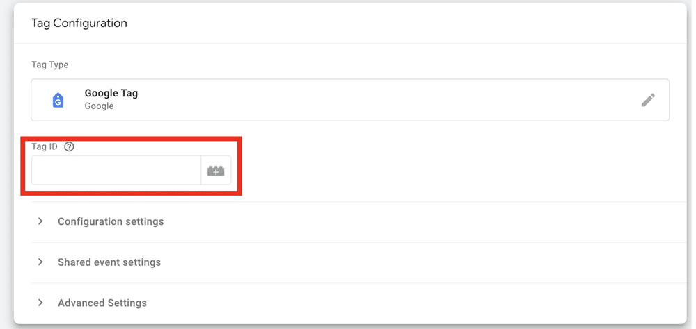 Tag ID input field highlighted in a GA4 config tag in GTM