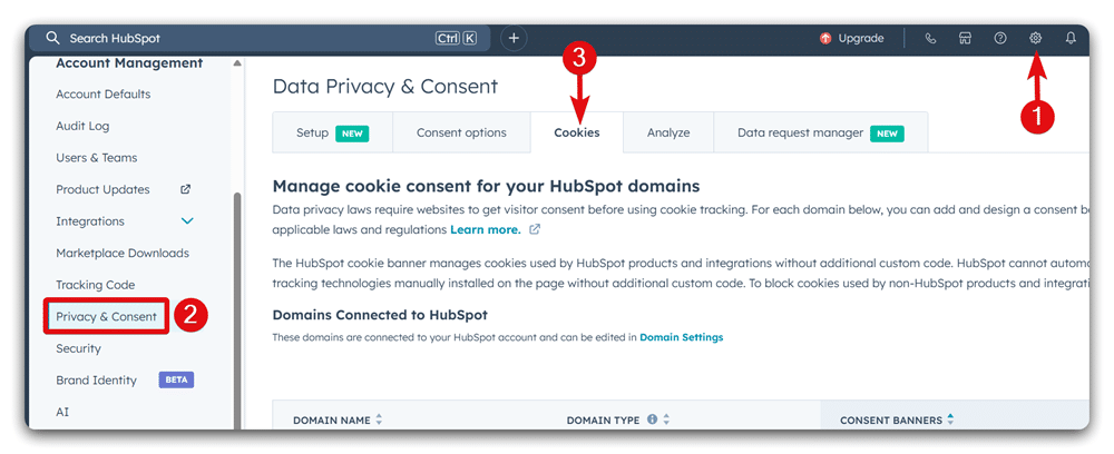 Steps to add cookie banner in hubspot websites