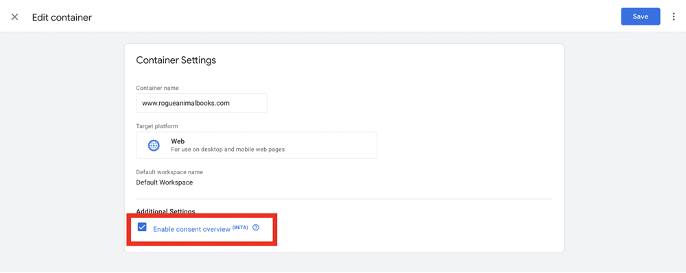 Enabling consent overview checkbox from the GTM admin section