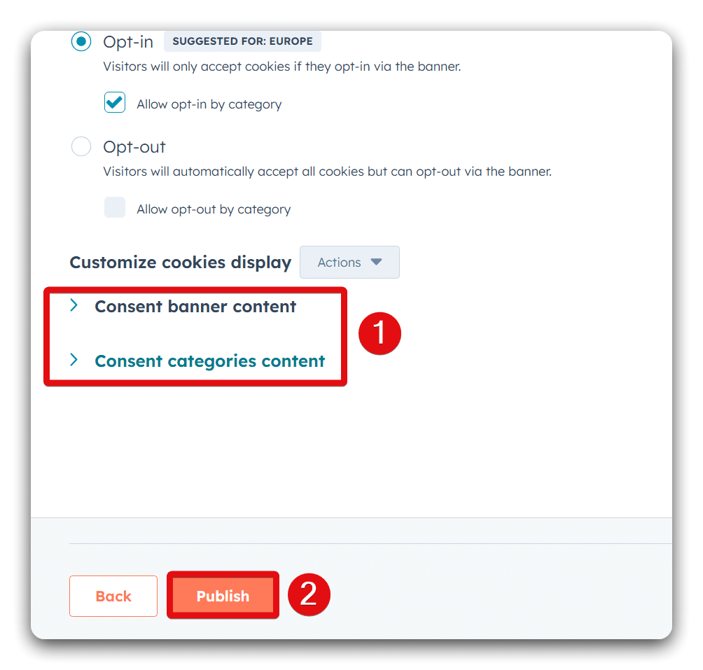 Button to publish hubspot cookie banner