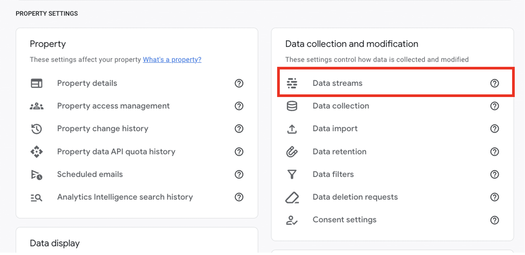 Data streams section highlighted from a GA4 admin 