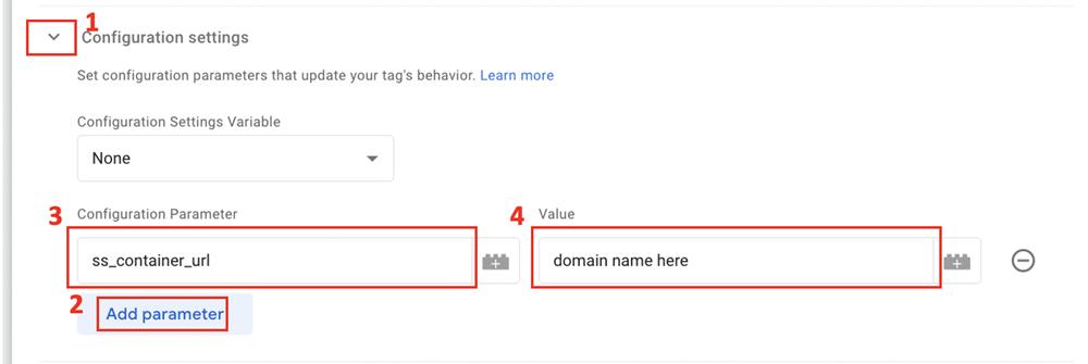Configuration settings of a GA4 config tag highlighted