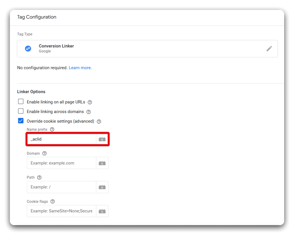 Checkbox to override cookie setting inside conversion linker tag