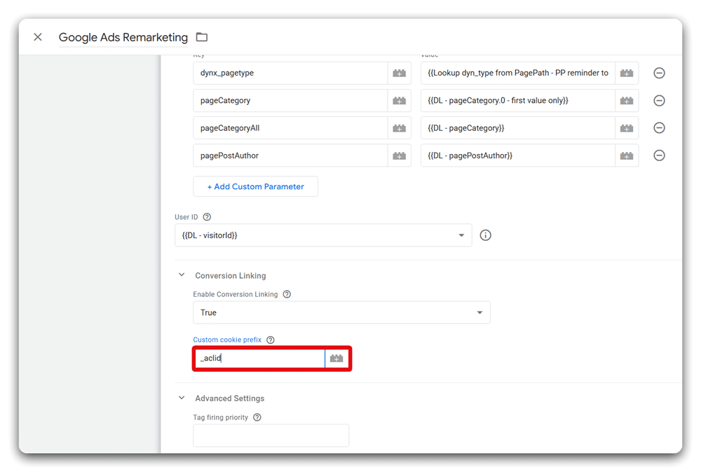 Setting custom cookie prefix in a Google Ads Remarketing tag