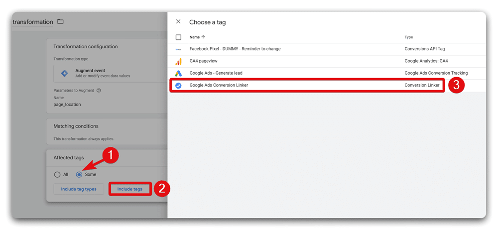 Setting the affected tags for the transfromation