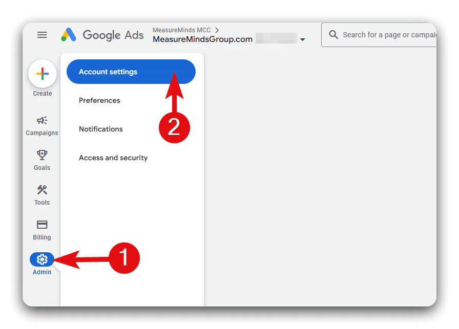 Steps to go to the account setting of Google ads account