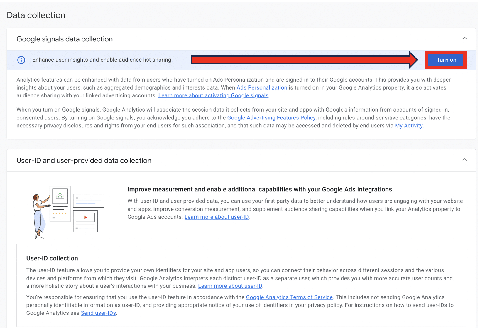 Google signals data collection section with the 'Turn on' button highlighted by a red arrow next to the 'Enhance user insights' prompt.