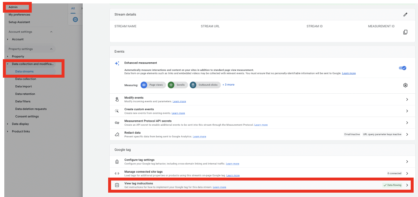 View tag instructions option under the data stream in a Google analytics account