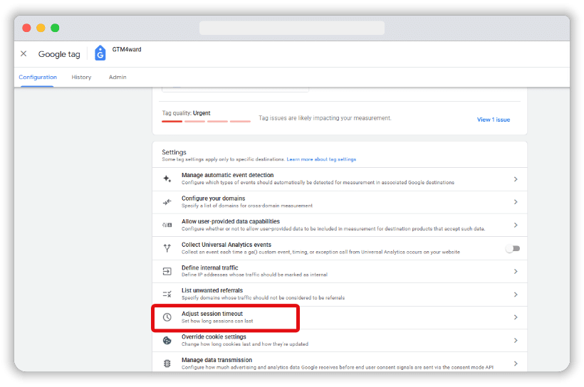 Highlighted 'Adjust session timeout' setting within the Google Tag configuration screen.