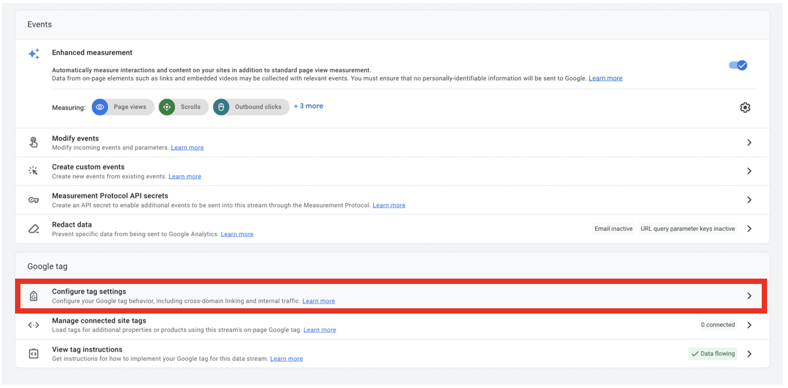Highlighted 'Configure tag settings' option within Google Analytics data stream details.