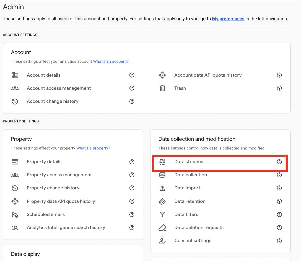 Data stream option highlighted in a GA account