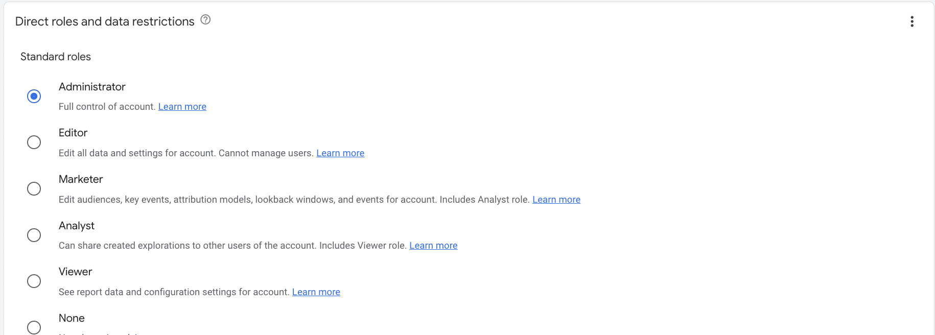 List of the standard roles available in google analytics