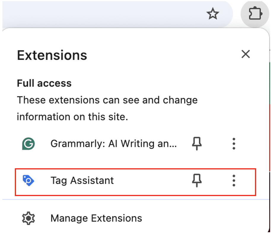 Tag assistant extension is marked on the extension dropdown