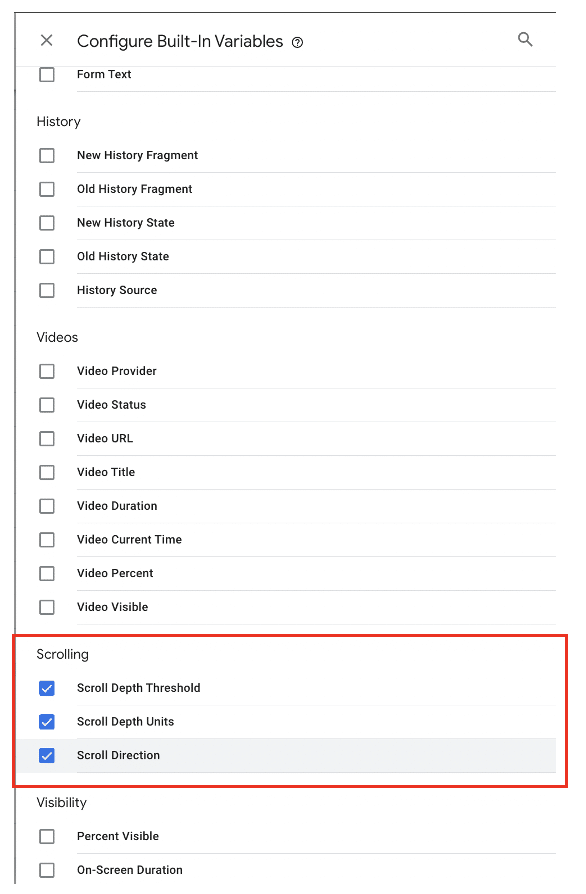Highlight of all the built-in variables for scrolling have been checked