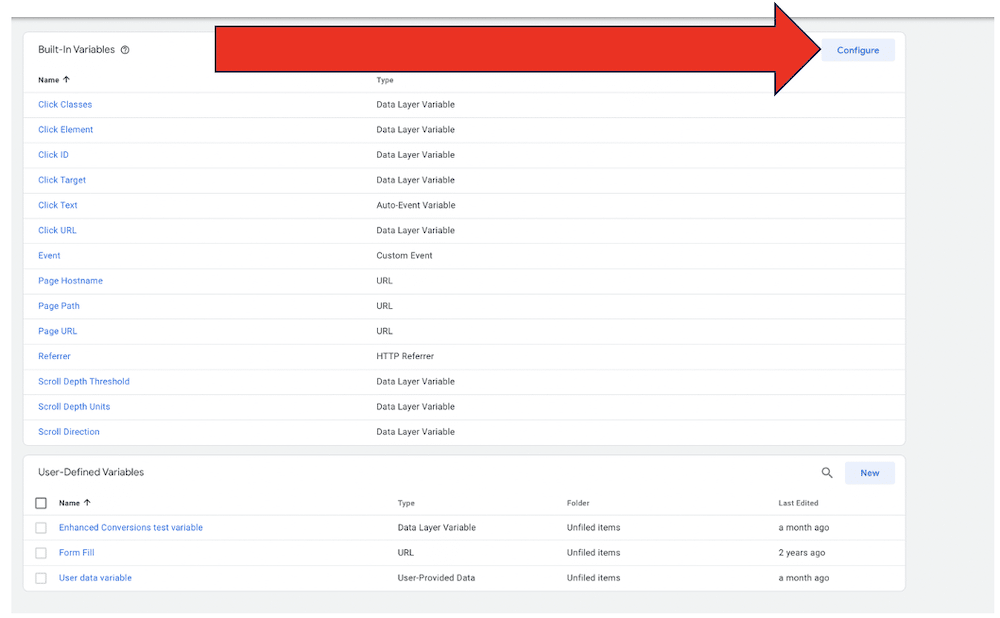 "Configure" button indicated in the Built-in variables section