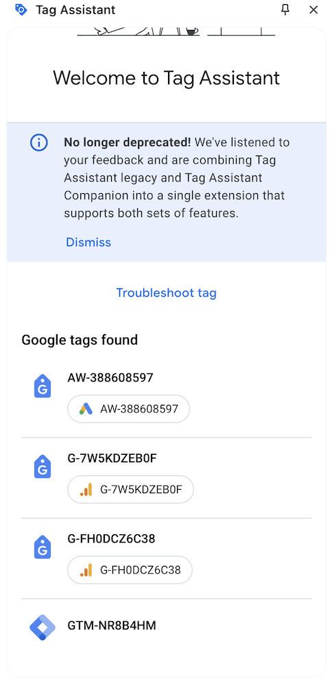 Tag Assistant extension's result window for a website