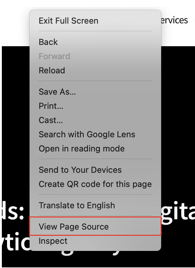 "View Page Source" option of Chrome highlighted