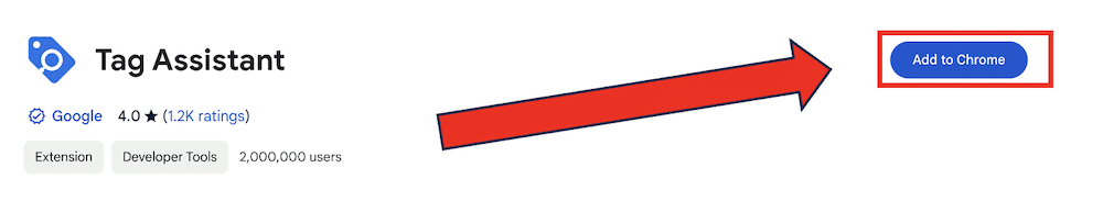 "Add to Chrome" button of the Tag Assistant extension is highlighted