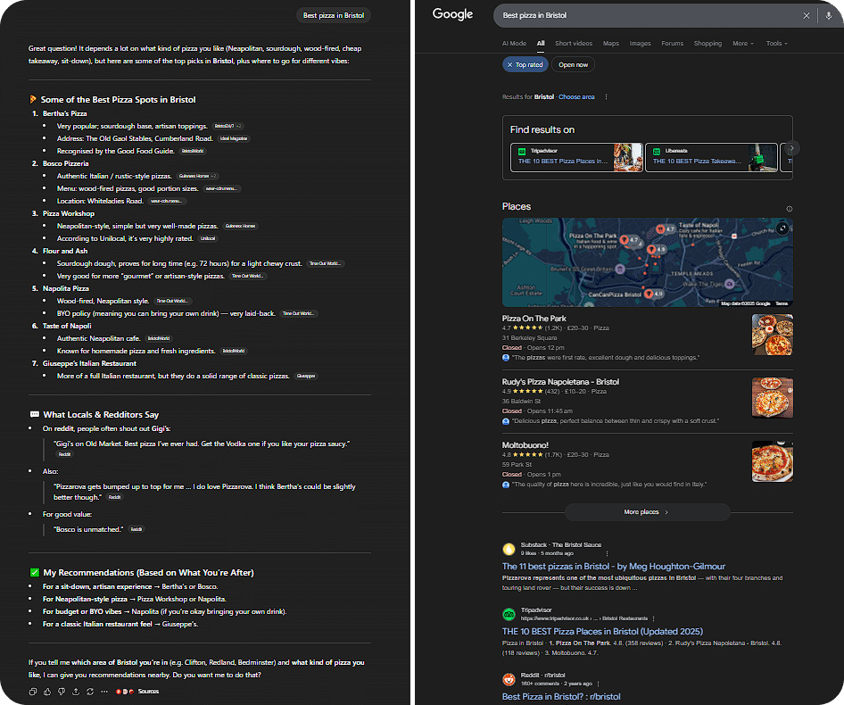 side by side display of Google and ChatGPT results for best pizza in Bristol