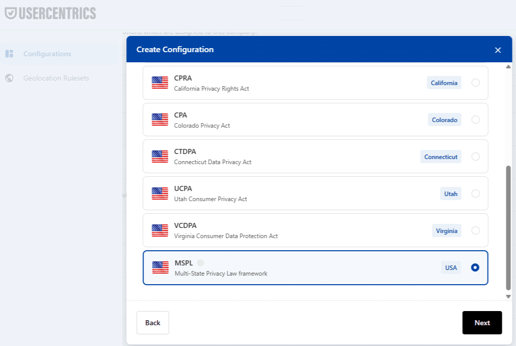 Example showing how Usercentrics offers wide range of privacy laws coverage