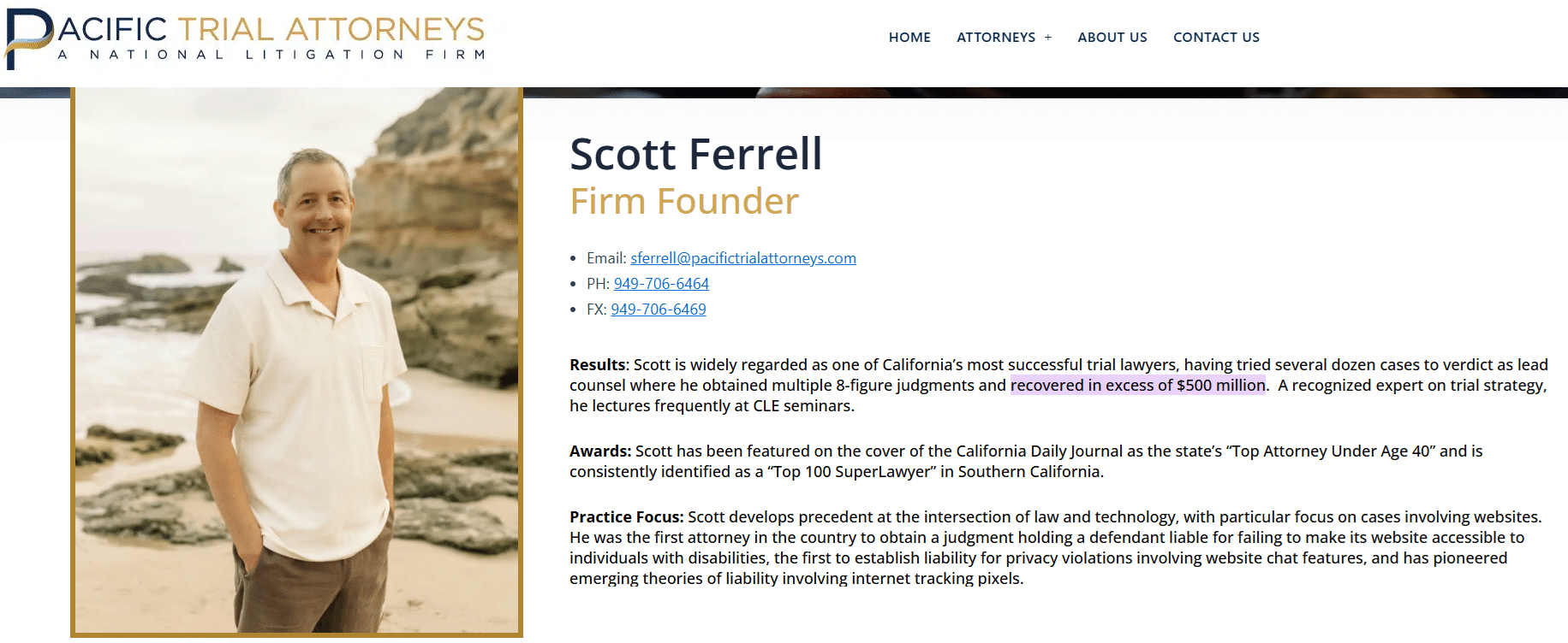 Scott Ferrell's profile founder of Pacific Trial Attorneys firm