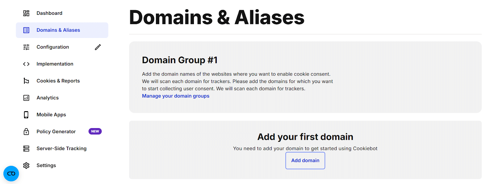 screenshot of cookiebot admin interface - domains and aliases